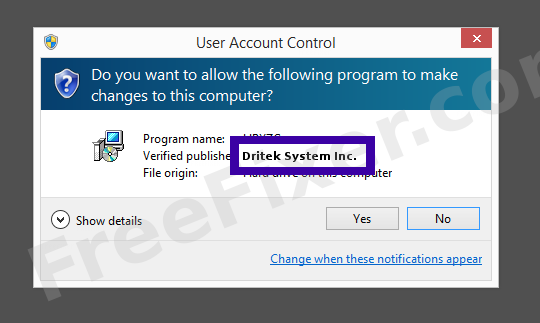 Screenshot where Dritek System Inc. appears as the verified publisher in the UAC dialog